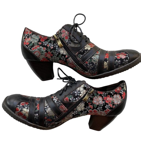 Socopy Retro Vintage Style lace Up Flower Embroidered Fabric Leather Heeled Shoe - Picture 2 of 16